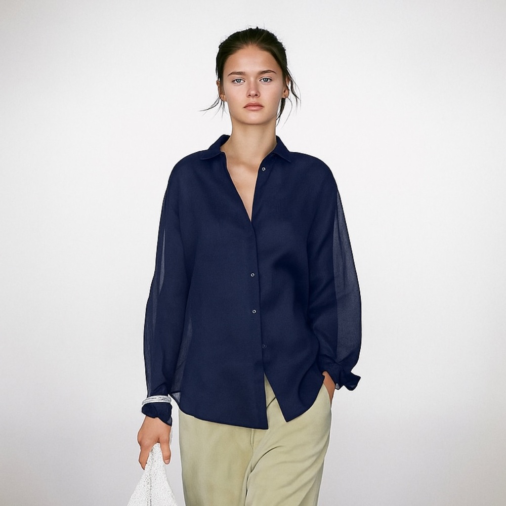 Massimo Dutti FLOWING RAMIE BLEND SHIRT Navy